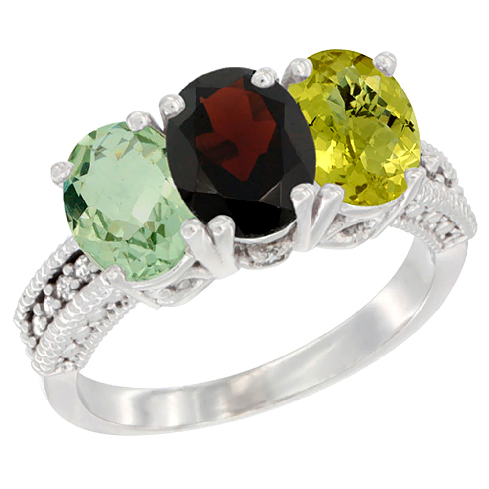 14K White Gold Natural Green Amethyst, Garnet & Lemon Quartz Ring 3-Stone 7x5 mm Oval Diamond Accent, sizes 5 - 10