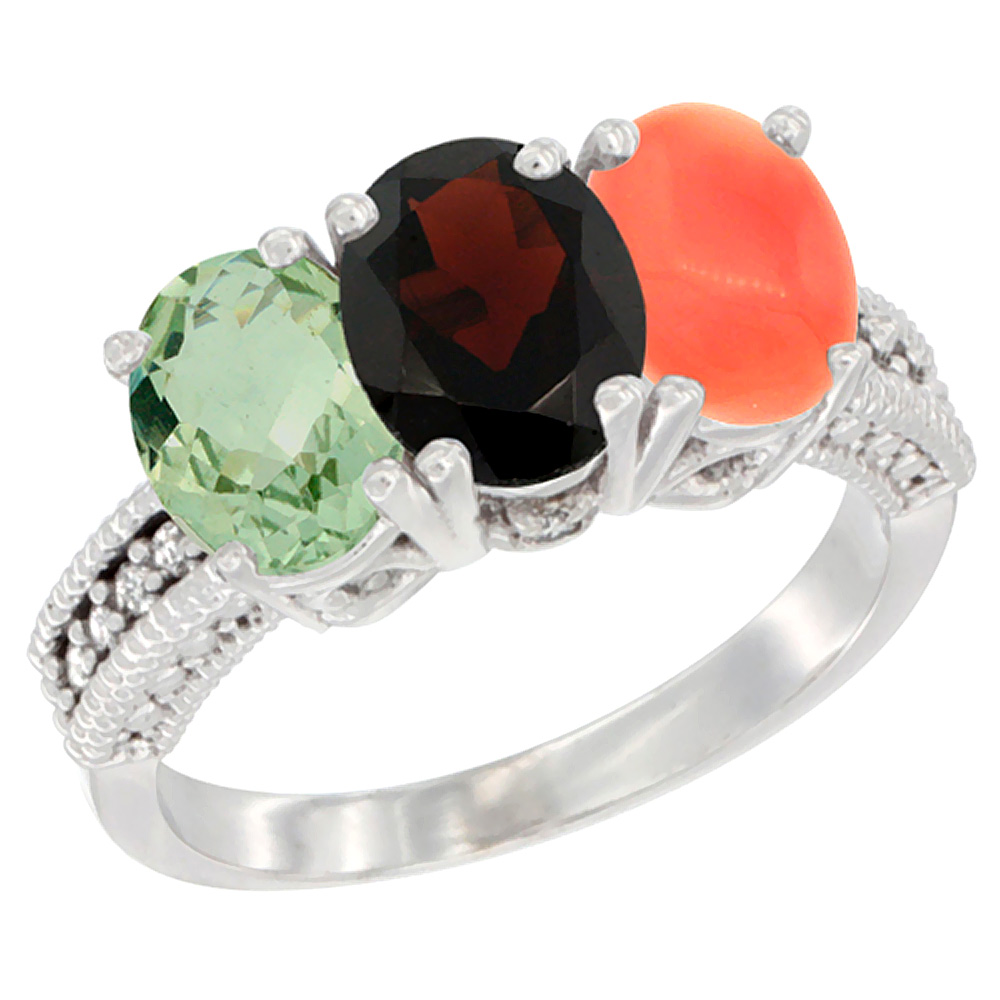 10K White Gold Natural Green Amethyst, Garnet & Coral Ring 3-Stone Oval 7x5 mm Diamond Accent, sizes 5 - 10