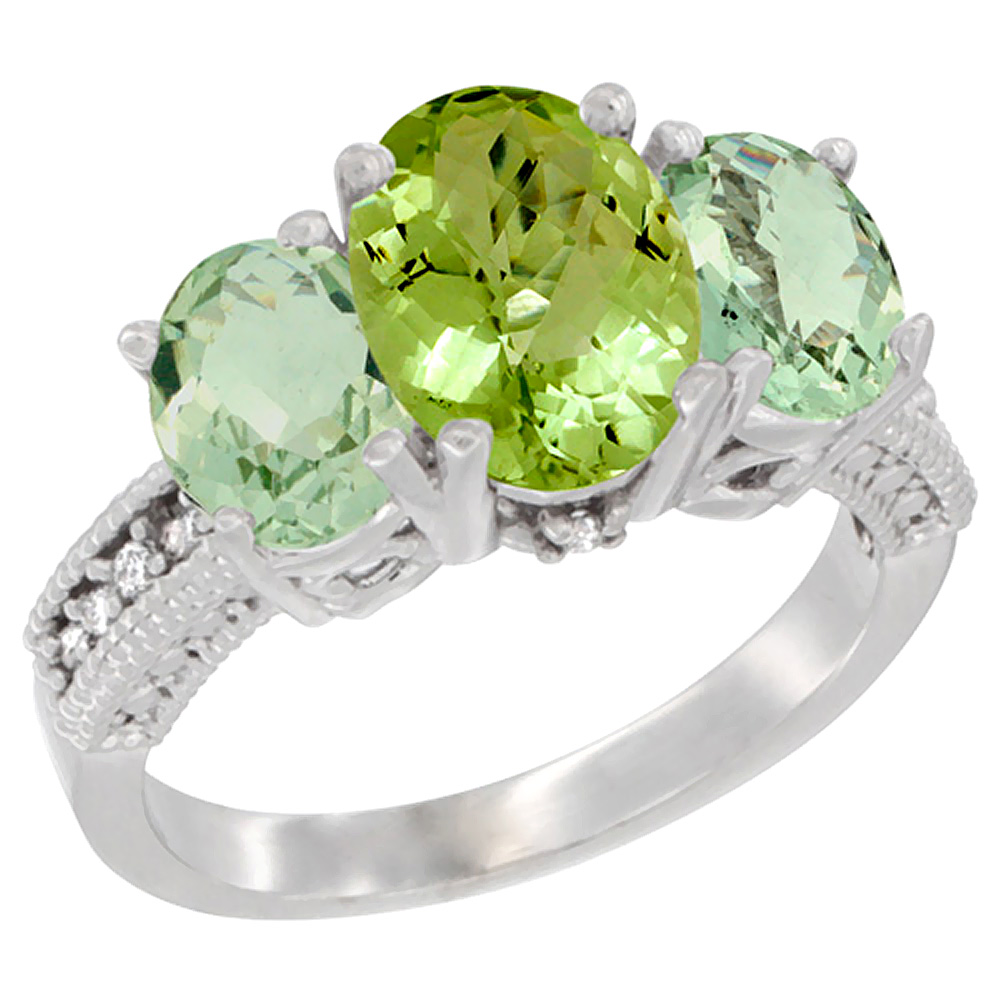 14K White Gold Diamond Natural Peridot Ring 3-Stone Oval 8x6mm with Green Amethyst, sizes5-10