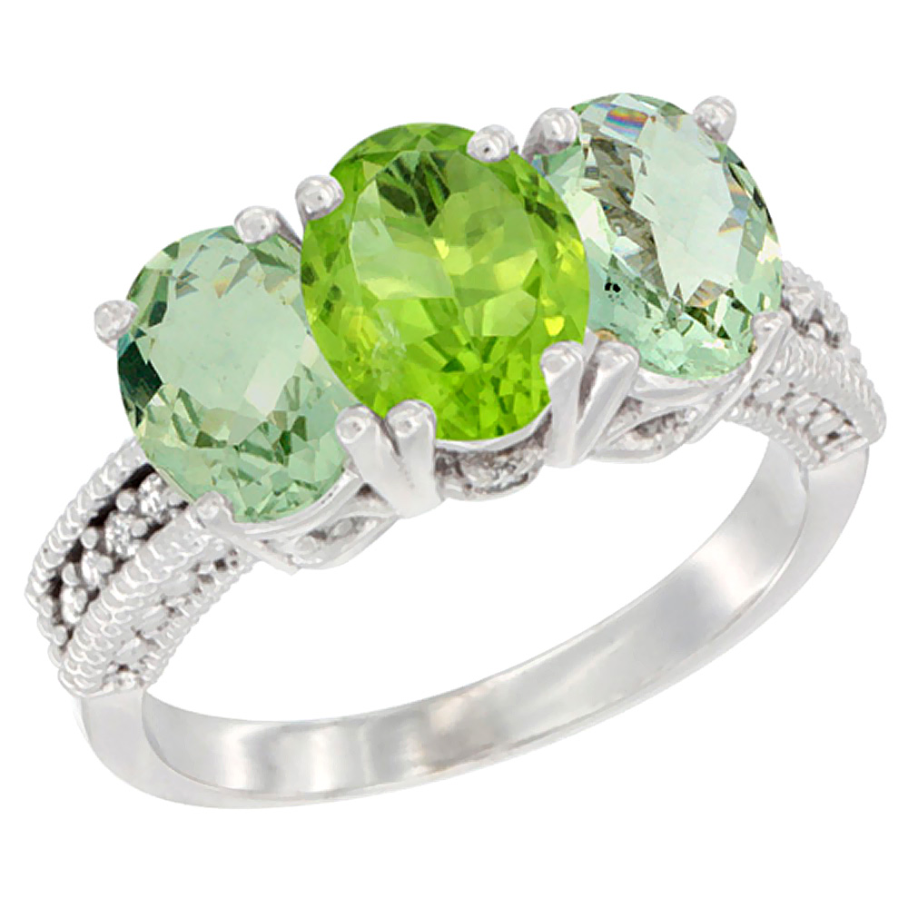 14K White Gold Natural Peridot &amp; Green Amethyst Sides Ring 3-Stone 7x5 mm Oval Diamond Accent, sizes 5 - 10