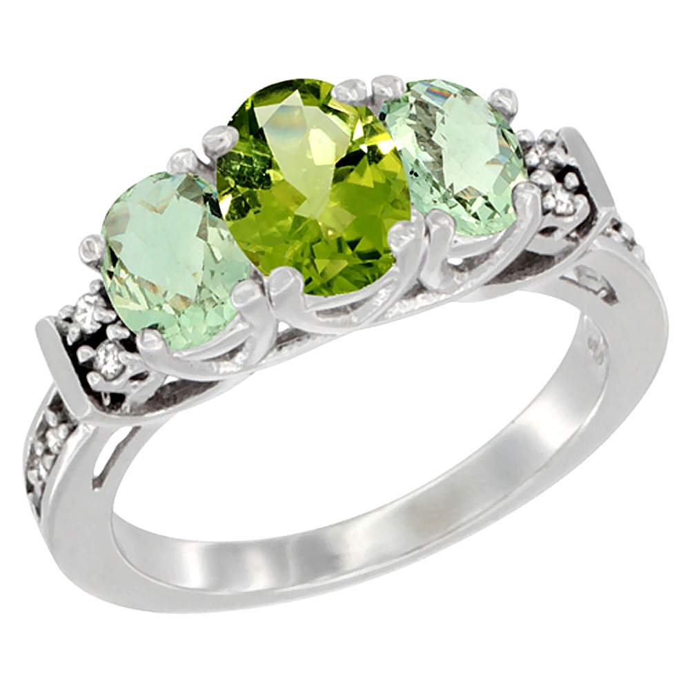 10K White Gold Natural Peridot &amp; Green Amethyst Ring 3-Stone Oval Diamond Accent, sizes 5-10