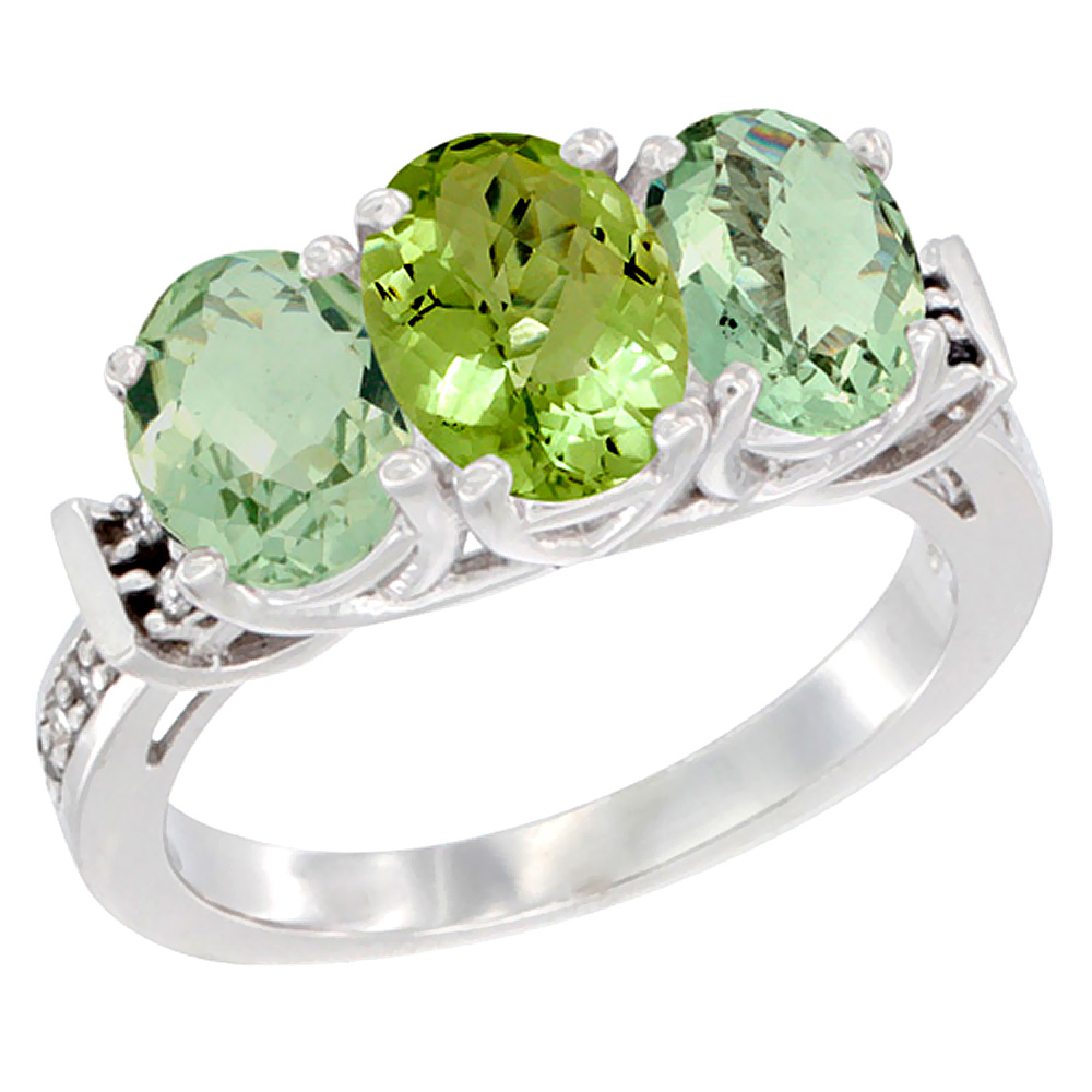 14K White Gold Natural Peridot &amp; Green Amethyst Sides Ring 3-Stone Oval Diamond Accent, sizes 5 - 10