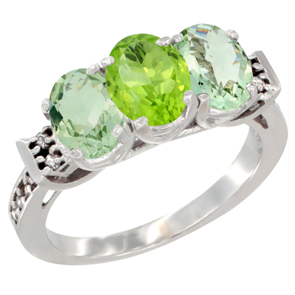 10K White Gold Natural Peridot &amp; Green Amethyst Sides Ring 3-Stone Oval 7x5 mm Diamond Accent, sizes 5 - 10