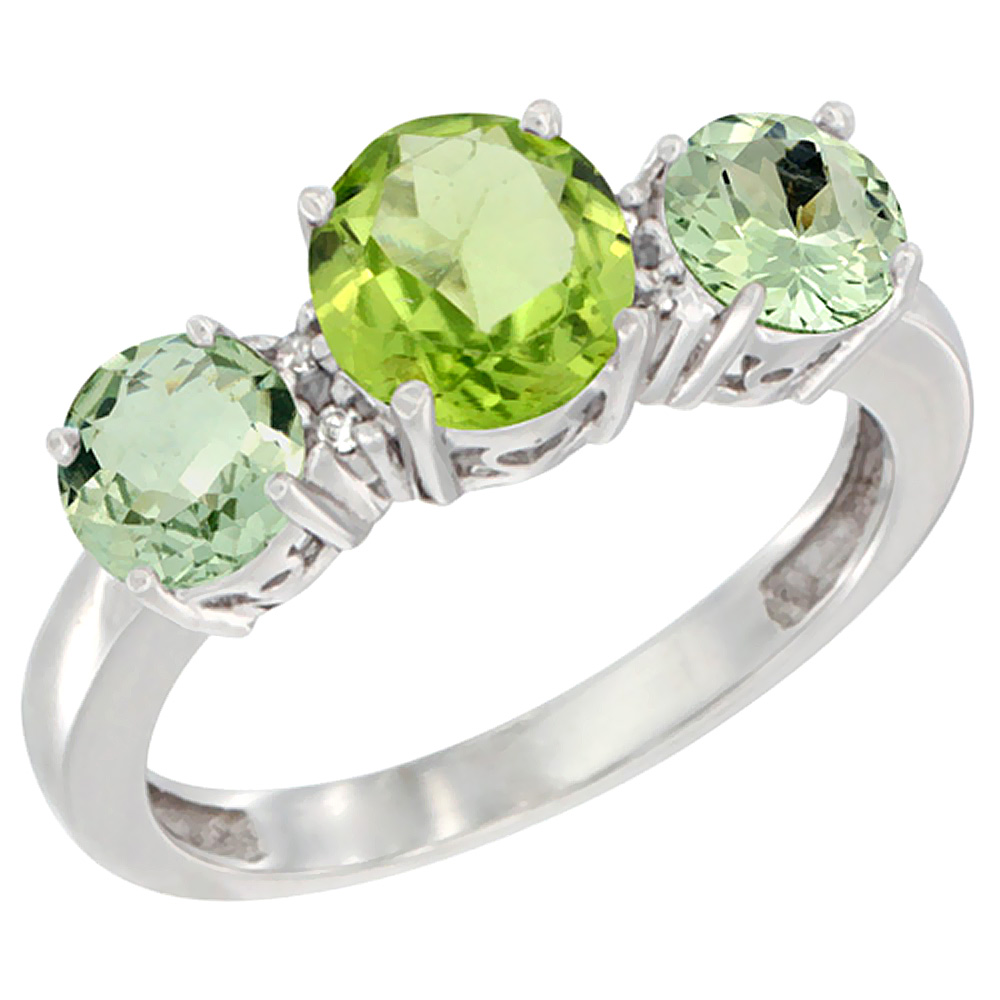 10K White Gold Round 3-Stone Natural Peridot Ring & Green Amethyst Sides Diamond Accent, sizes 5 - 10