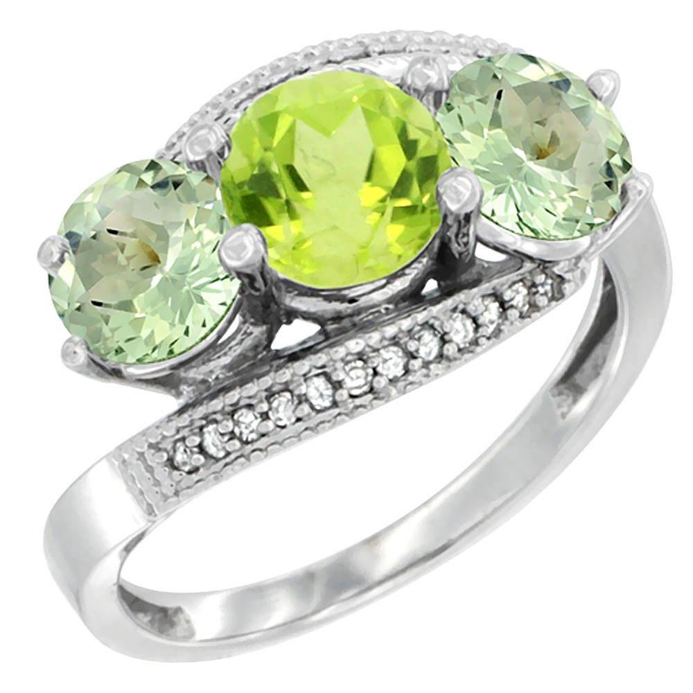 10K White Gold Natural Peridot &amp; Green Amethyst Sides 3 stone Ring Round 6mm Diamond Accent, sizes 5 - 10