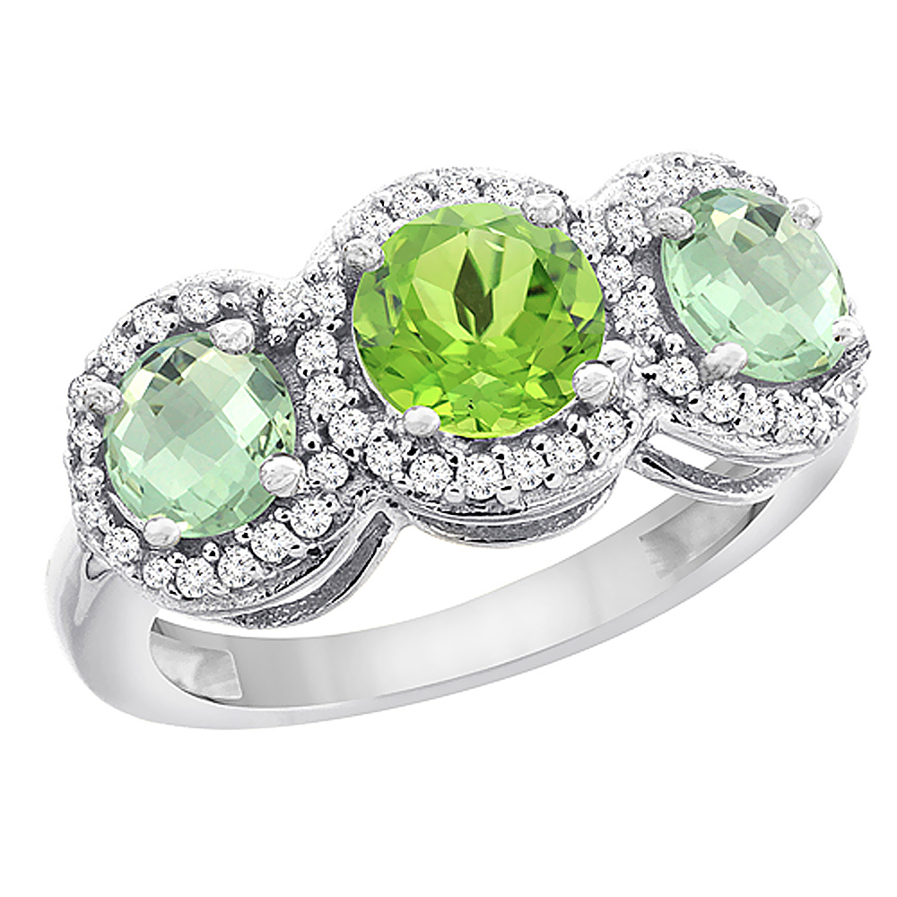 14K White Gold Natural Peridot &amp; Green Amethyst Sides Round 3-stone Ring Diamond Accents, sizes 5 - 10
