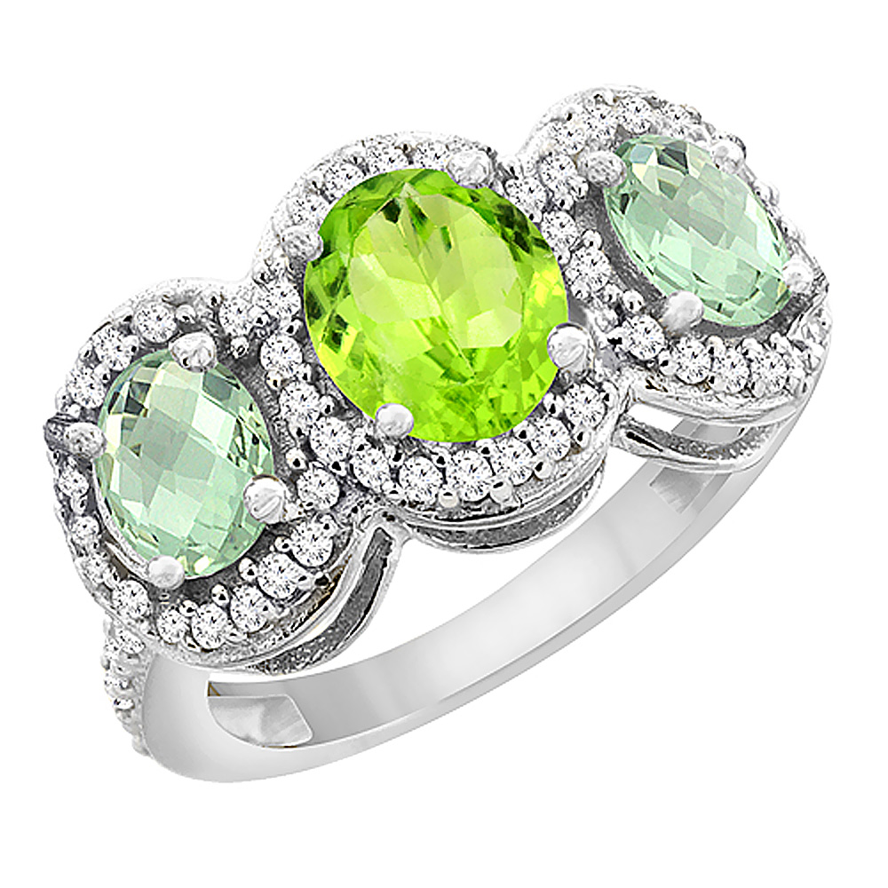 14K White Gold Natural Peridot &amp; Green Amethyst 3-Stone Ring Oval Diamond Accent, sizes 5 - 10