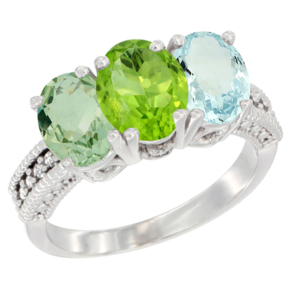 14K White Gold Natural Green Amethyst, Peridot & Aquamarine Ring 3-Stone 7x5 mm Oval Diamond Accent, sizes 5 - 10