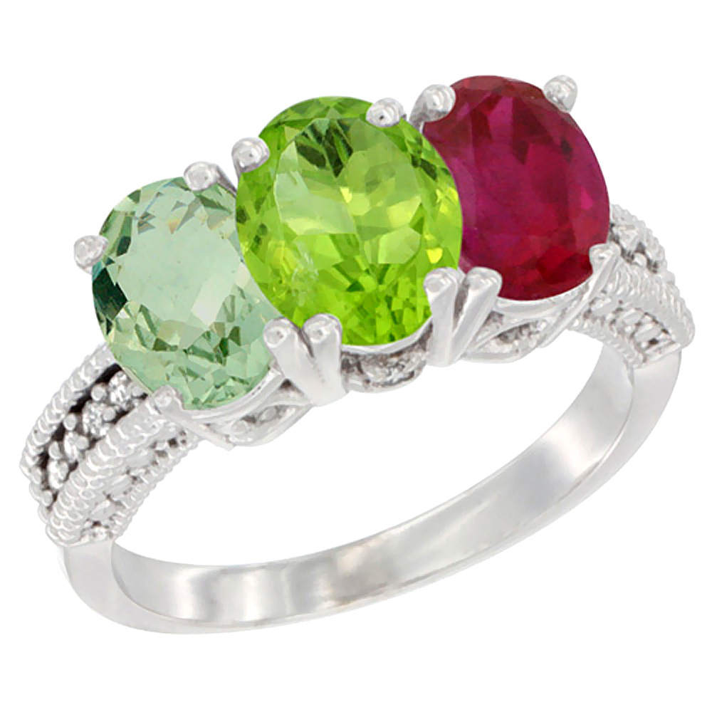 10K White Gold Natural Green Amethyst, Peridot & Enhanced Ruby Ring 3-Stone Oval 7x5 mm Diamond Accent, sizes 5 - 10