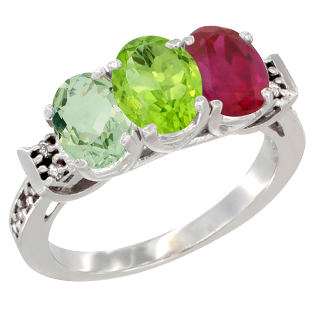10K White Gold Natural Green Amethyst, Peridot & Enhanced Ruby Ring 3-Stone Oval 7x5 mm Diamond Accent, sizes 5 - 10