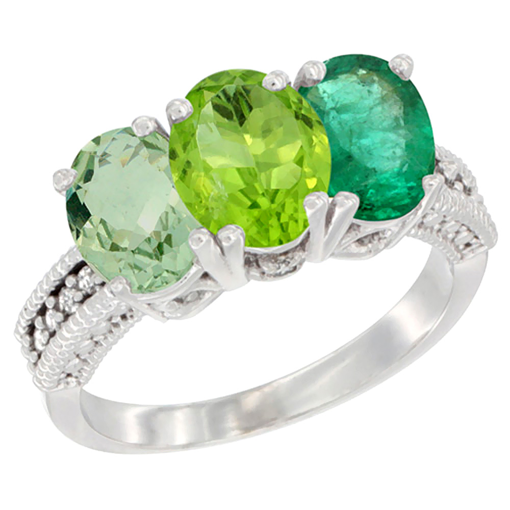 10K White Gold Natural Green Amethyst, Peridot &amp; Emerald Ring 3-Stone Oval 7x5 mm Diamond Accent, sizes 5 - 10
