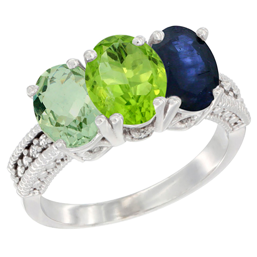 10K White Gold Natural Green Amethyst, Peridot &amp; Blue Sapphire Ring 3-Stone Oval 7x5 mm Diamond Accent, sizes 5 - 10