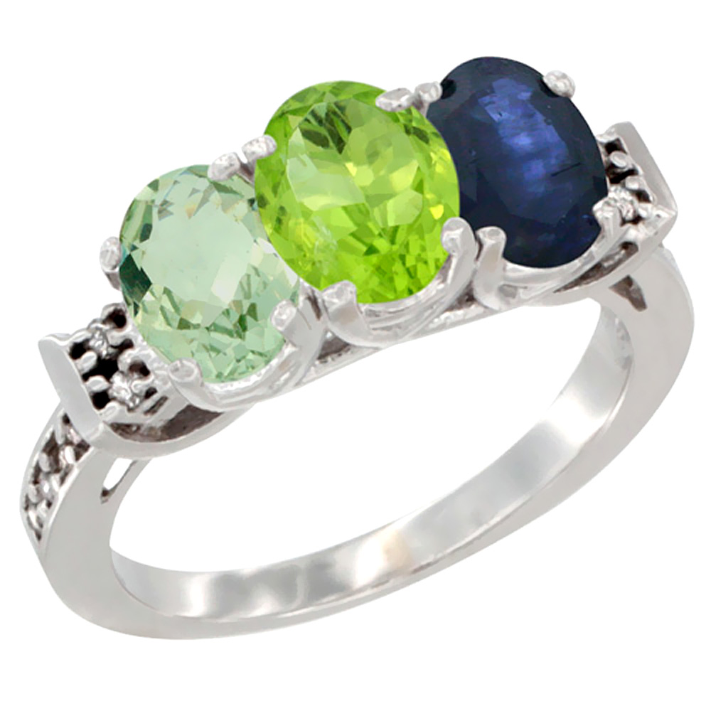 14K White Gold Natural Green Amethyst, Peridot &amp; Blue Sapphire Ring 3-Stone 7x5 mm Oval Diamond Accent, sizes 5 - 10