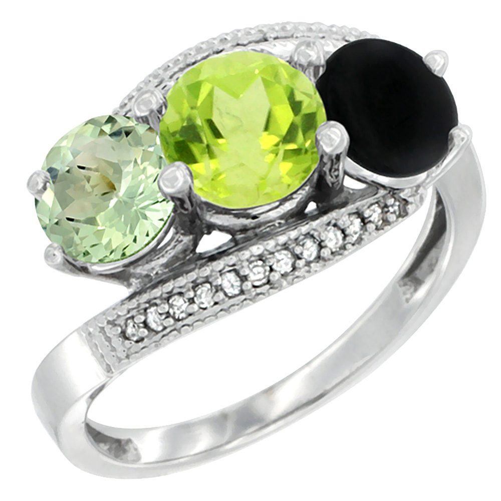 10K White Gold Natural Green Amethyst, Peridot & Black Onyx 3 stone Ring Round 6mm Diamond Accent, sizes 5 - 10