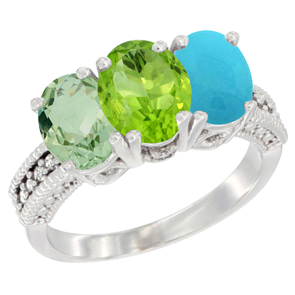14K White Gold Natural Green Amethyst, Peridot &amp; Turquoise Ring 3-Stone 7x5 mm Oval Diamond Accent, sizes 5 - 10