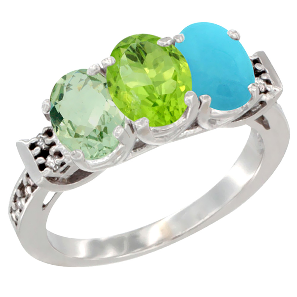 14K White Gold Natural Green Amethyst, Peridot & Turquoise Ring 3-Stone 7x5 mm Oval Diamond Accent, sizes 5 - 10
