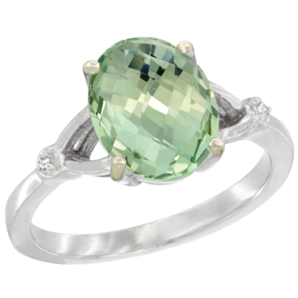 10K WHITE GOLD SIMPLE LARGE 4 PRONG 10X8MM OVAL GREEN AMETHYST ENGAGEMENT RING FOR WOMEN 3/8 INCH WIDE SIZES 6-10