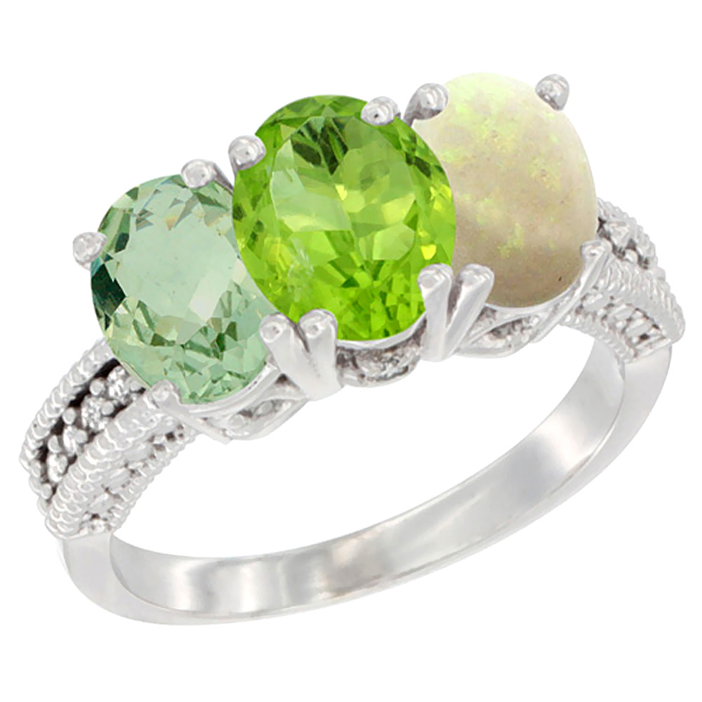 14K White Gold Natural Green Amethyst, Peridot & Opal Ring 3-Stone 7x5 mm Oval Diamond Accent, sizes 5 - 10