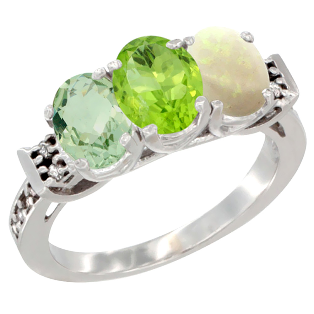10K White Gold Natural Green Amethyst, Peridot & Opal Ring 3-Stone Oval 7x5 mm Diamond Accent, sizes 5 - 10