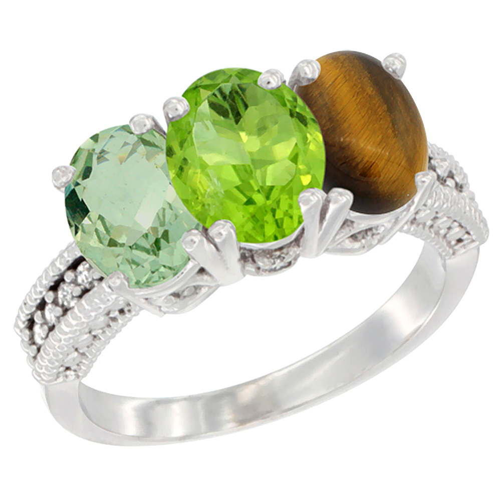14K White Gold Natural Green Amethyst, Peridot &amp; Tiger Eye Ring 3-Stone 7x5 mm Oval Diamond Accent, sizes 5 - 10