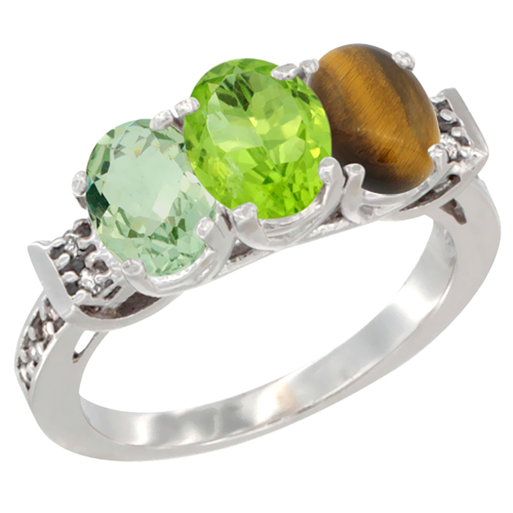 10K White Gold Natural Green Amethyst, Peridot &amp; Tiger Eye Ring 3-Stone Oval 7x5 mm Diamond Accent, sizes 5 - 10
