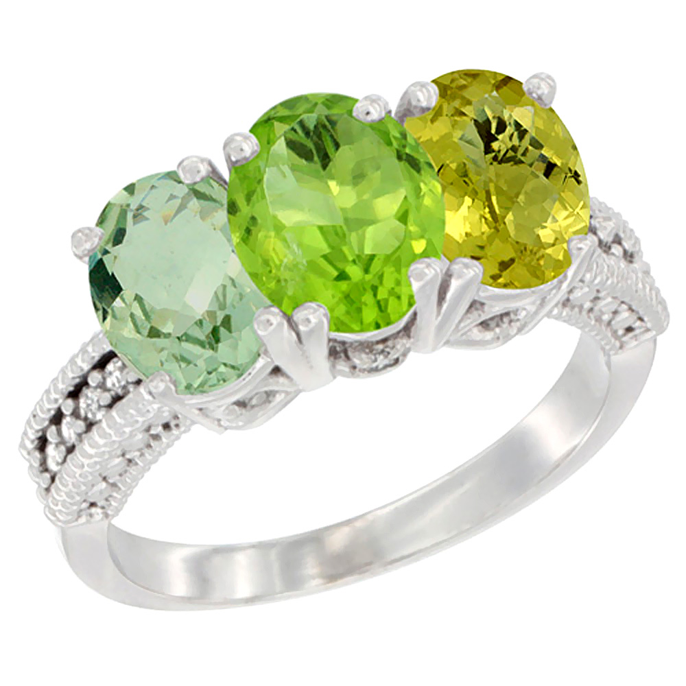 14K White Gold Natural Green Amethyst, Peridot &amp; Lemon Quartz Ring 3-Stone 7x5 mm Oval Diamond Accent, sizes 5 - 10