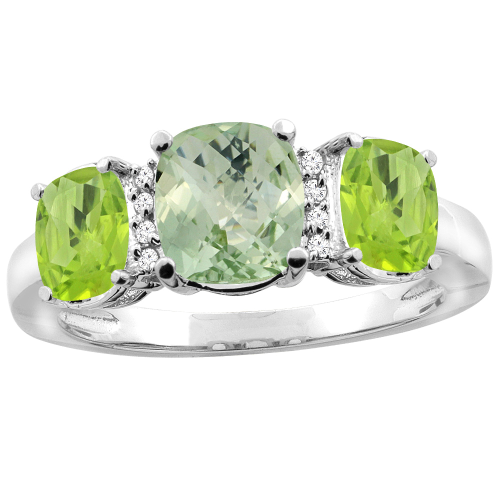 10K White Gold Natural Green Amethyst & Peridot 3-stone Ring Cushion 8x6mm Diamond Accent, sizes 5 - 10