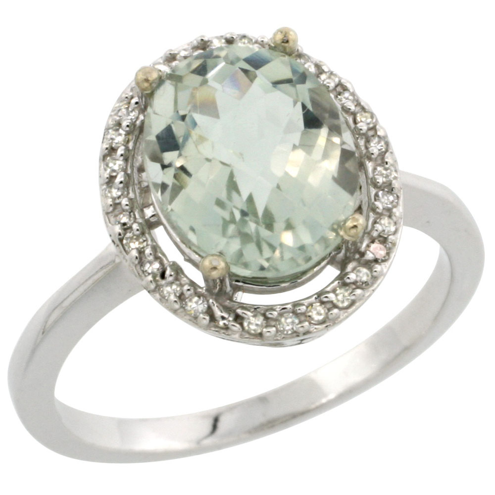 10K White Gold Diamond Genuine Green Amethyst Engagement Ring Oval 10x8mm sizes 5-10