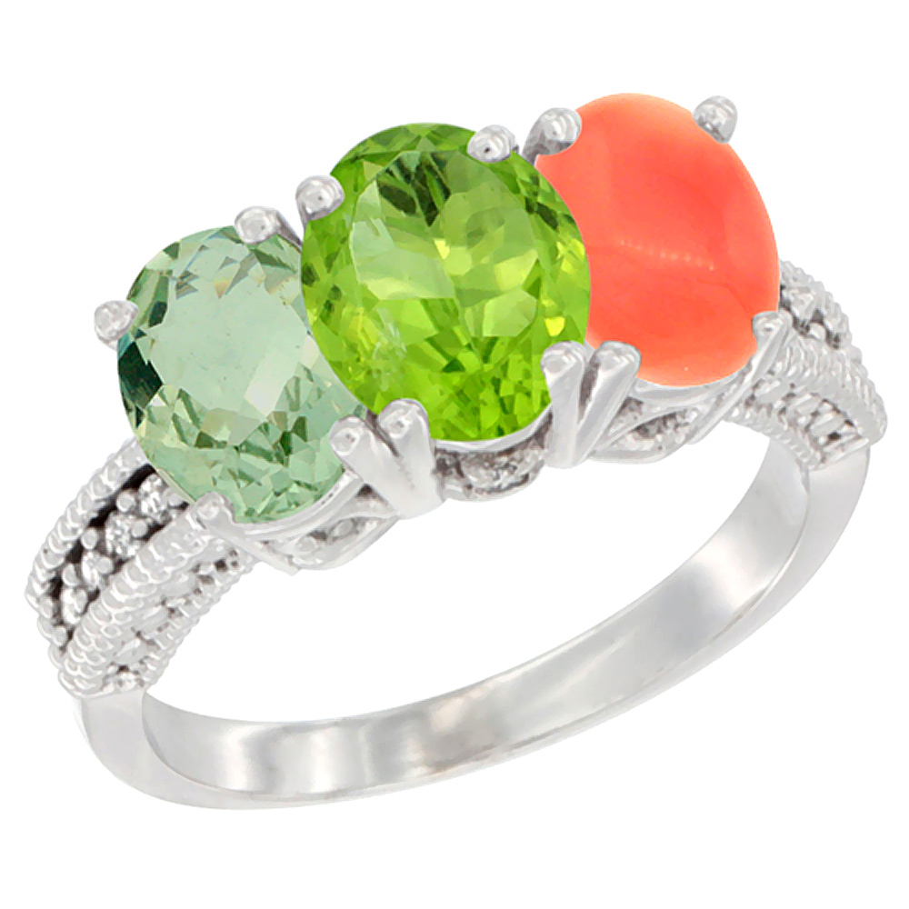 10K White Gold Natural Green Amethyst, Peridot & Coral Ring 3-Stone Oval 7x5 mm Diamond Accent, sizes 5 - 10