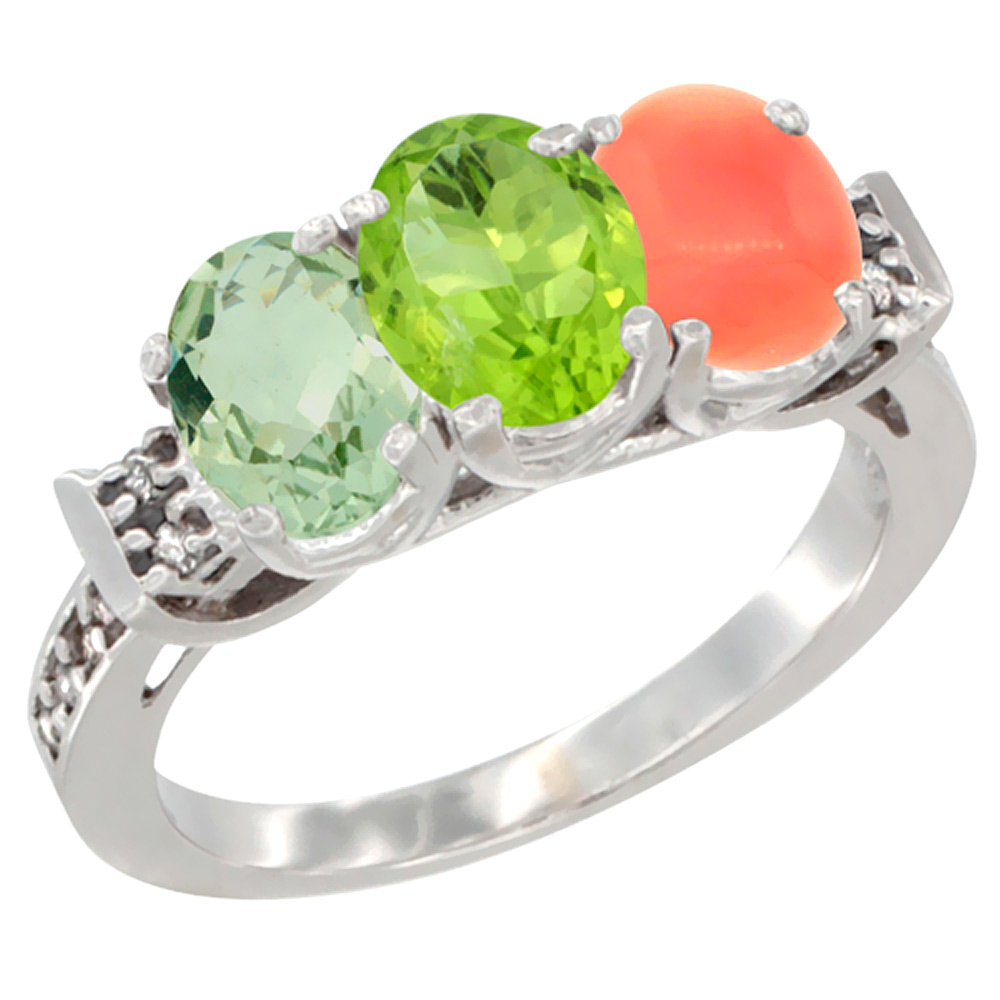14K White Gold Natural Green Amethyst, Peridot &amp; Coral Ring 3-Stone 7x5 mm Oval Diamond Accent, sizes 5 - 10