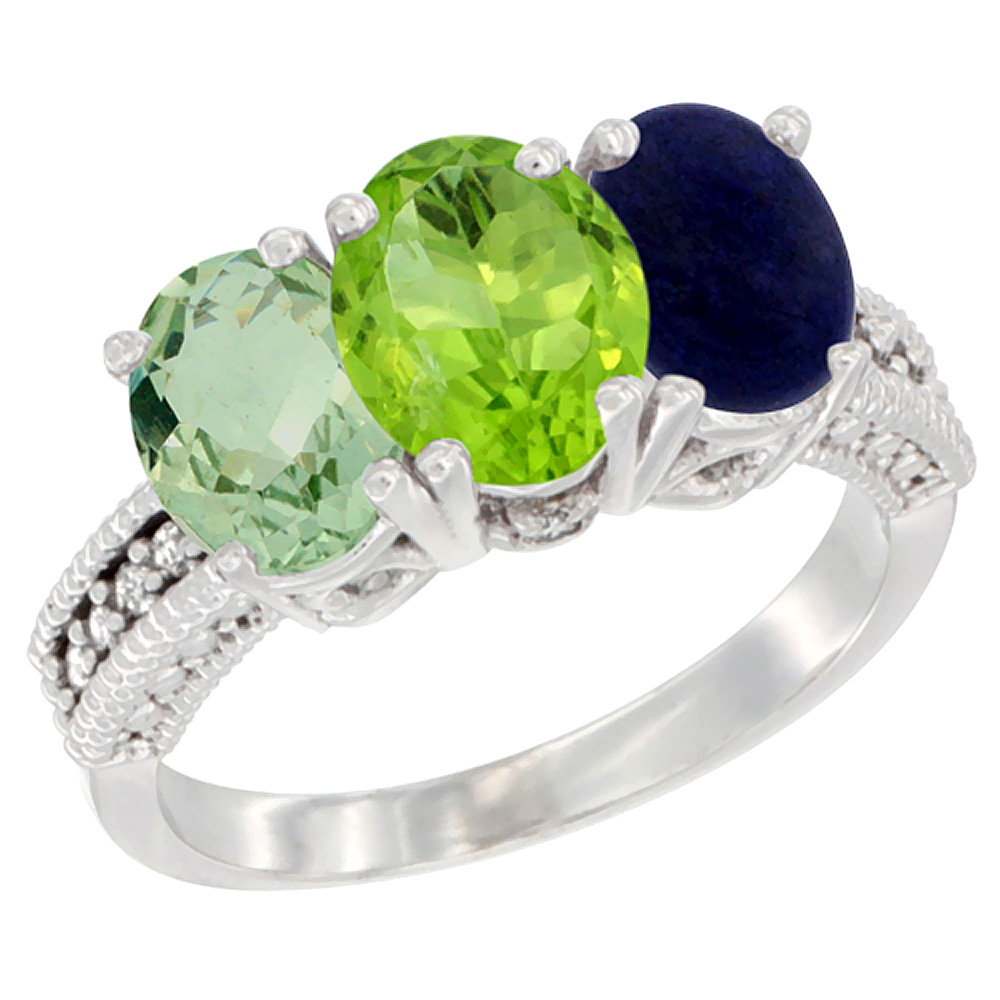 14K White Gold Natural Green Amethyst, Peridot &amp; Lapis Ring 3-Stone 7x5 mm Oval Diamond Accent, sizes 5 - 10
