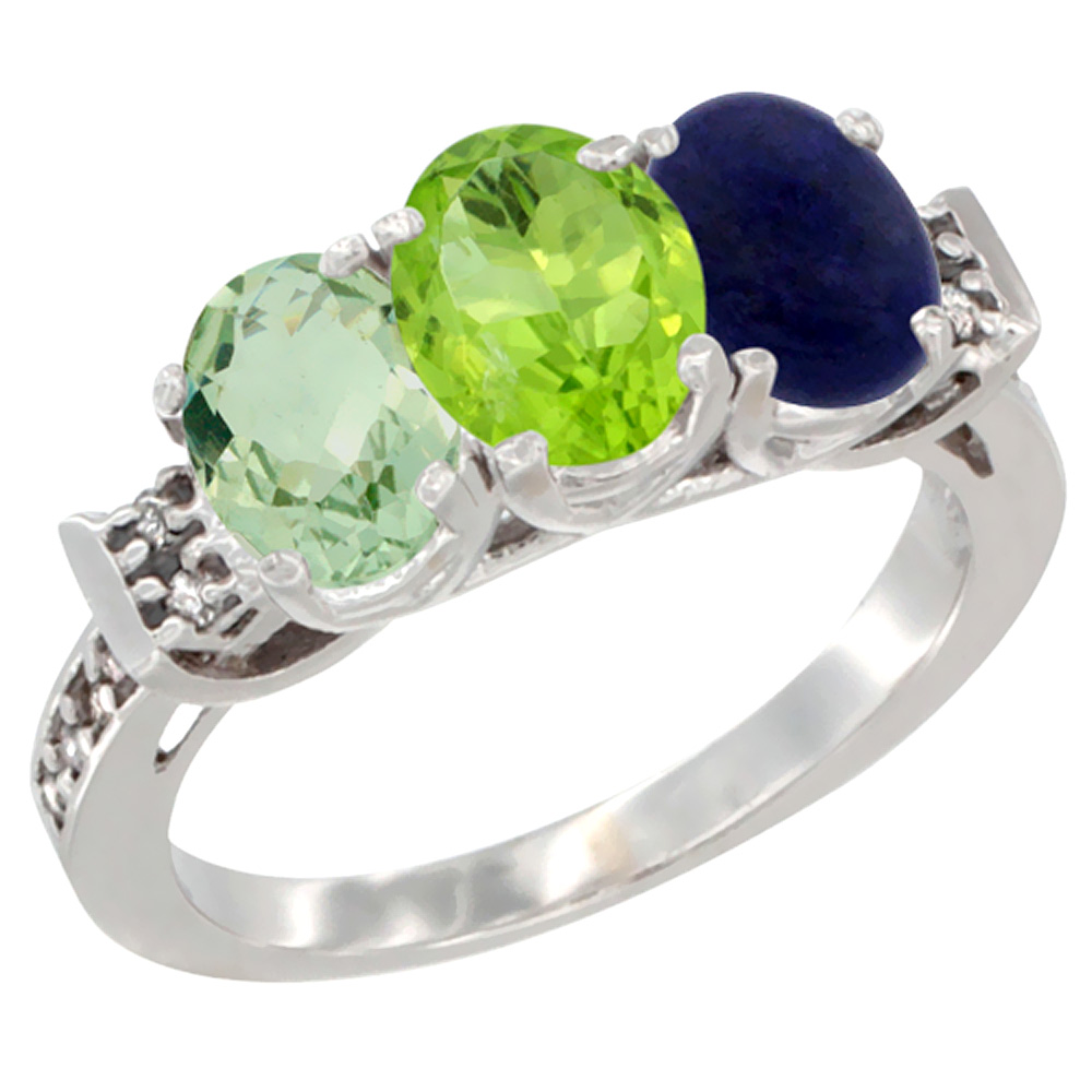 14K White Gold Natural Green Amethyst, Peridot & Lapis Ring 3-Stone 7x5 mm Oval Diamond Accent, sizes 5 - 10