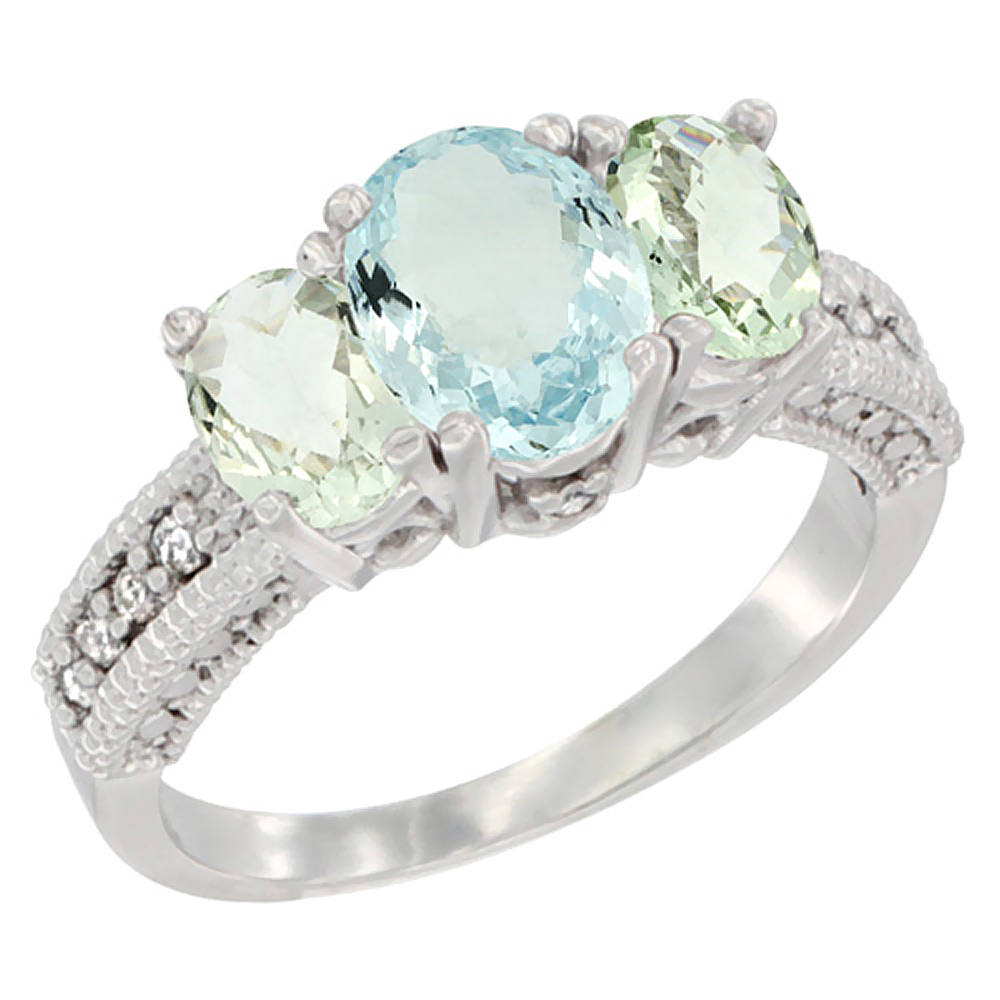 10K White Gold Diamond Natural Aquamarine Ring Oval 3-stone with Green Amethyst, sizes 5 - 10
