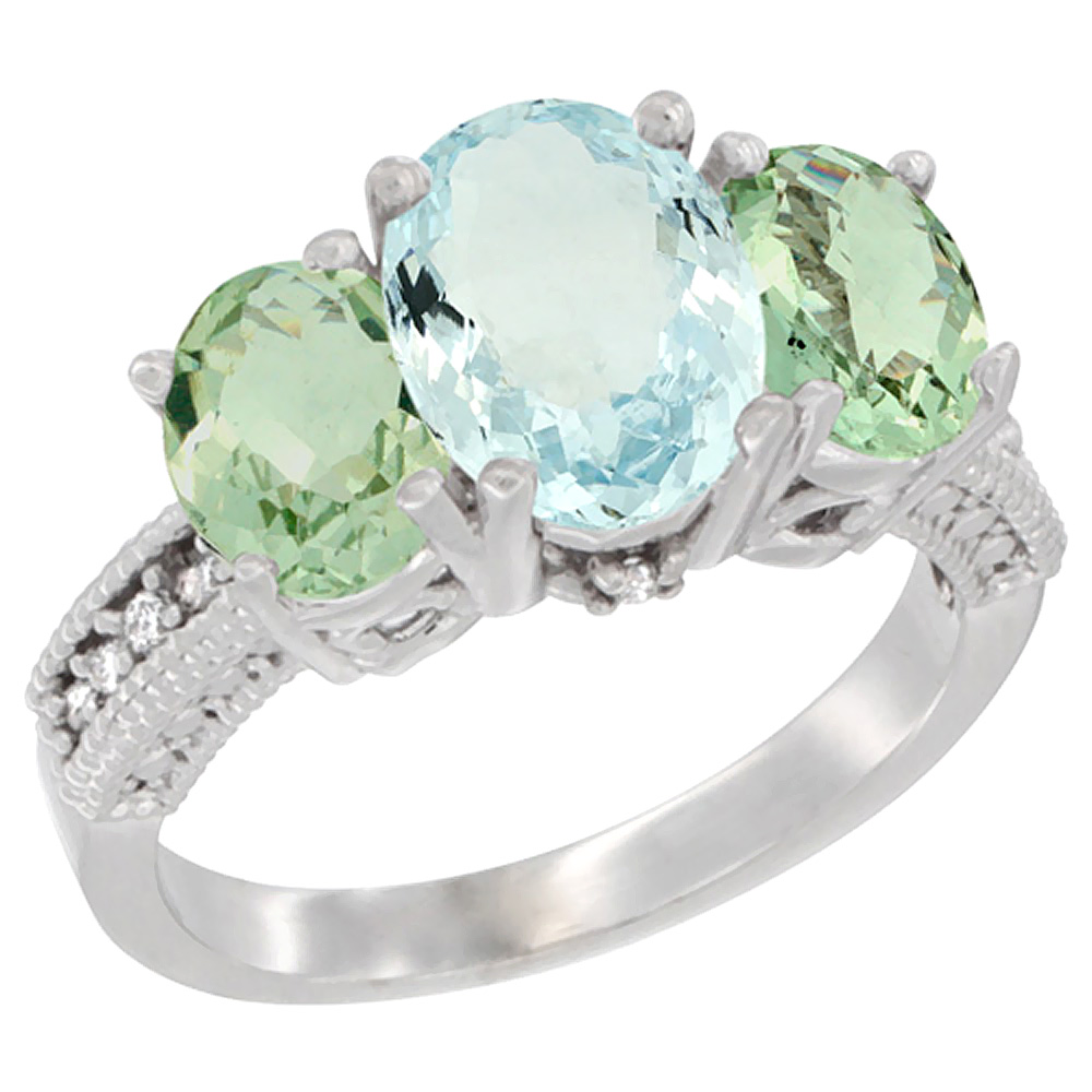 10K White Gold Diamond Natural Aquamarine Ring 3-Stone Oval 8x6mm with Green Amethyst, sizes5-10