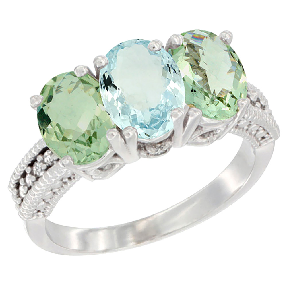 10K White Gold Natural Aquamarine &amp; Green Amethyst Sides Ring 3-Stone Oval 7x5 mm Diamond Accent, sizes 5 - 10