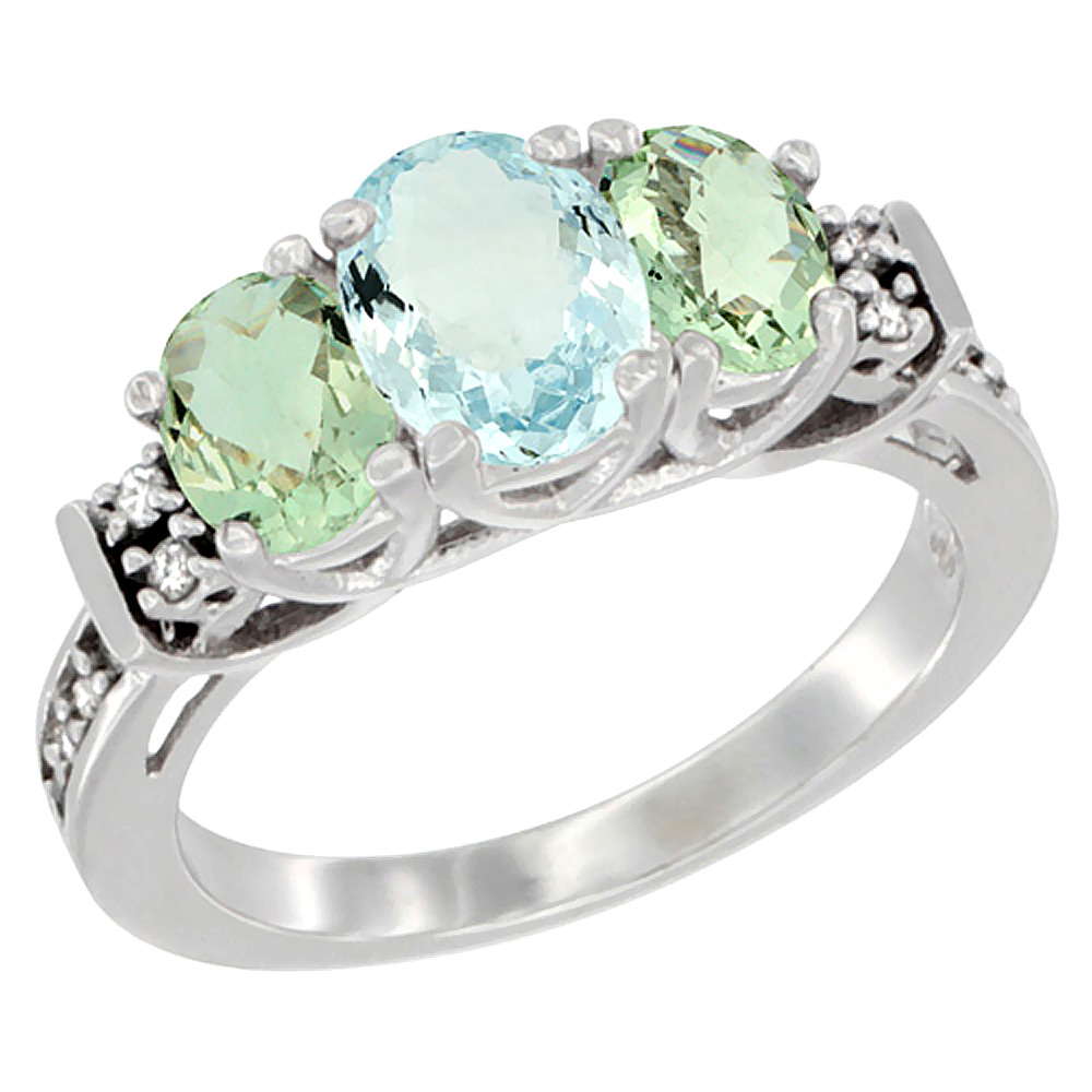 14K White Gold Natural Aquamarine &amp; Green Amethyst Ring 3-Stone Oval Diamond Accent, sizes 5-10