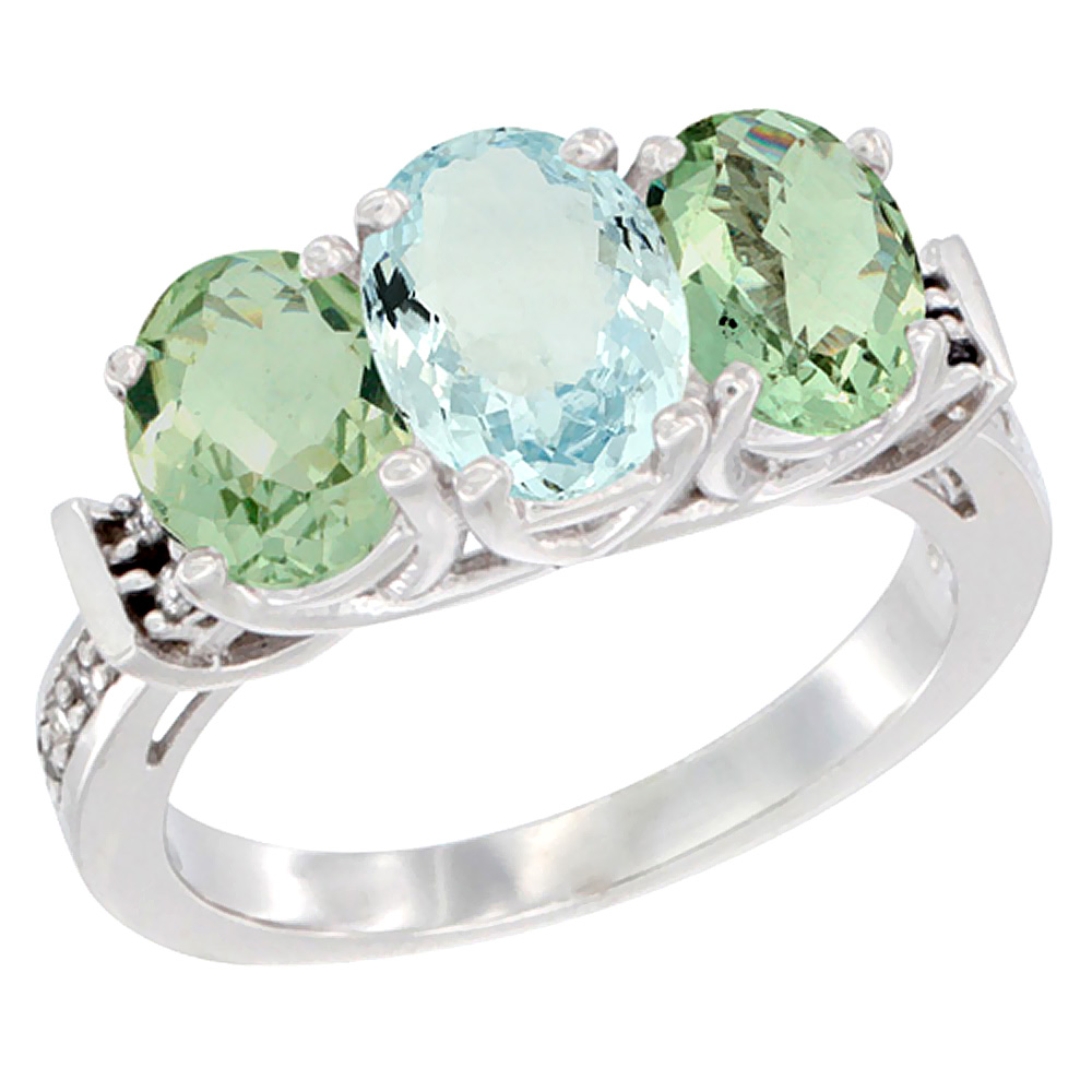 14K White Gold Natural Aquamarine &amp; Green Amethyst Sides Ring 3-Stone Oval Diamond Accent, sizes 5 - 10
