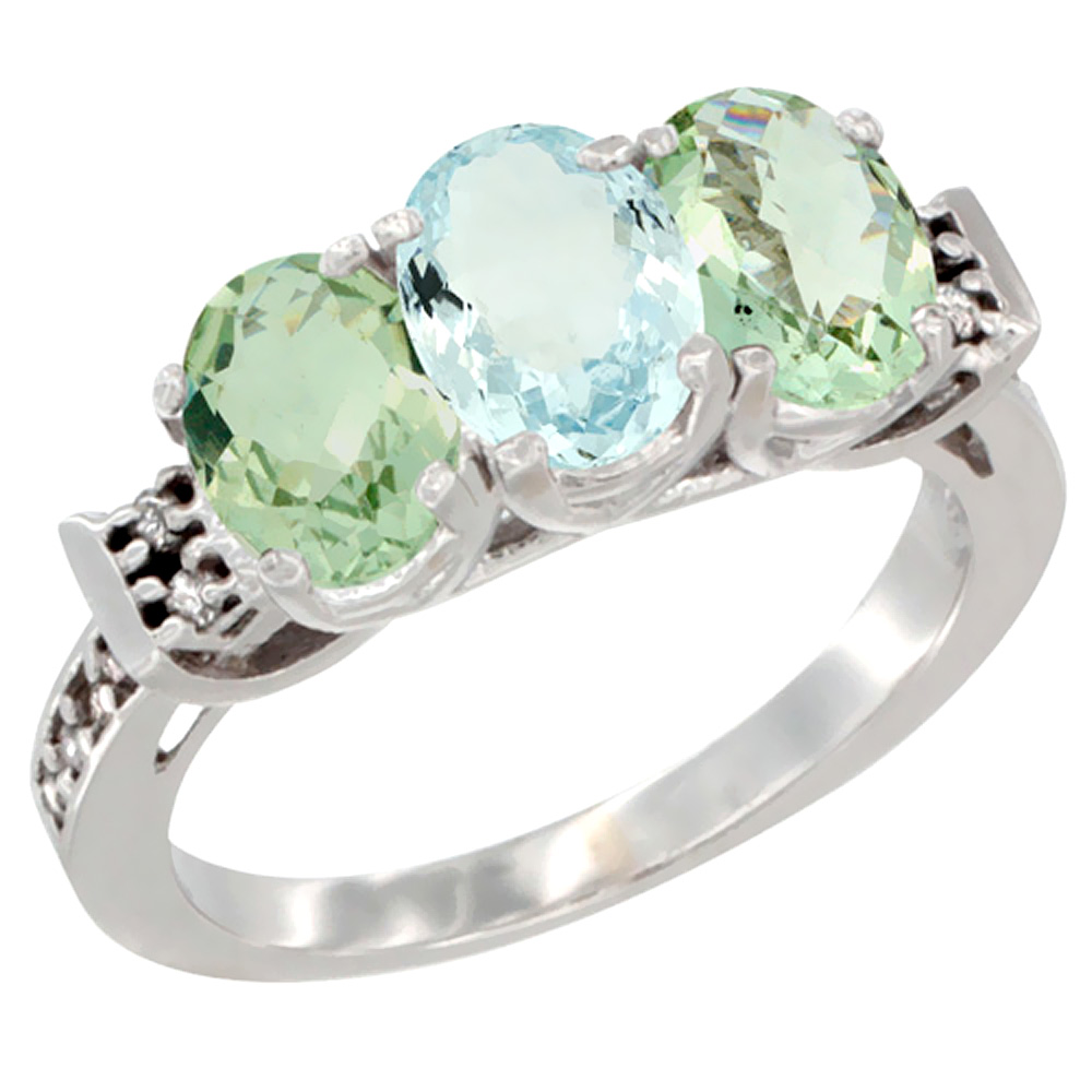 10K White Gold Natural Aquamarine &amp; Green Amethyst Sides Ring 3-Stone Oval 7x5 mm Diamond Accent, sizes 5 - 10
