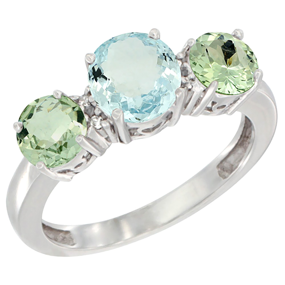10K White Gold Round 3-Stone Natural Aquamarine Ring &amp; Green Amethyst Sides Diamond Accent, sizes 5 - 10