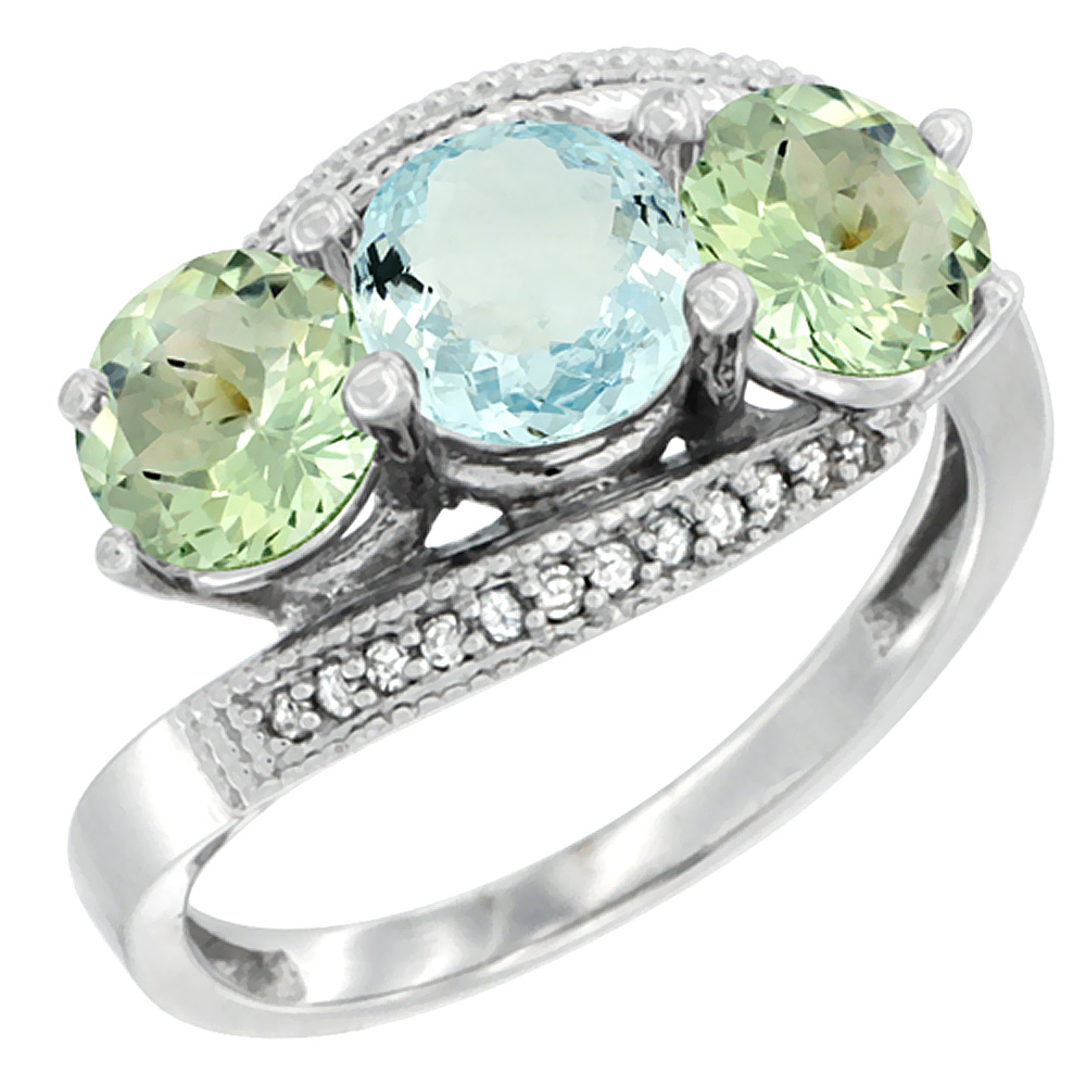 10K White Gold Natural Aquamarine &amp; Green Amethyst Sides 3 stone Ring Round 6mm Diamond Accent, sizes 5 - 10