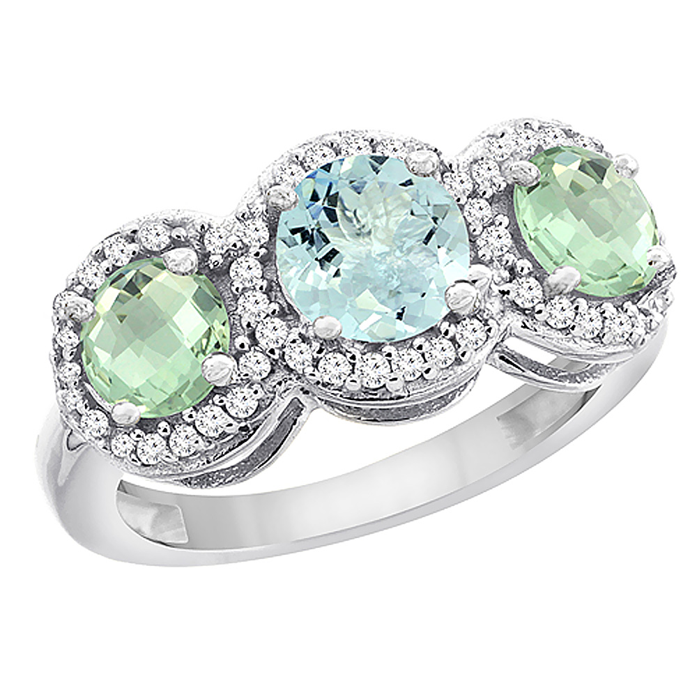 10K White Gold Natural Aquamarine &amp; Green Amethyst Sides Round 3-stone Ring Diamond Accents, sizes 5 - 10