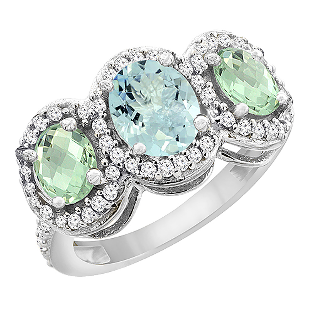 14K White Gold Natural Aquamarine &amp; Green Amethyst 3-Stone Ring Oval Diamond Accent, sizes 5 - 10