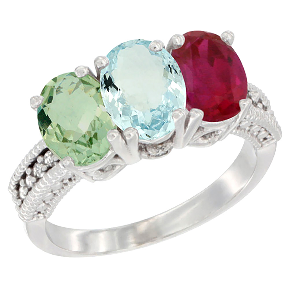 10K White Gold Natural Green Amethyst, Aquamarine & Enhanced Ruby Ring 3-Stone Oval 7x5 mm Diamond Accent, sizes 5 - 10