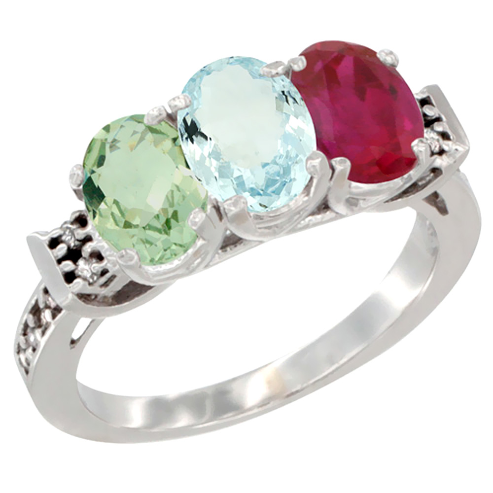 14K White Gold Natural Green Amethyst, Aquamarine &amp; Enhanced Ruby Ring 3-Stone 7x5 mm Oval Diamond Accent, sizes 5 - 10