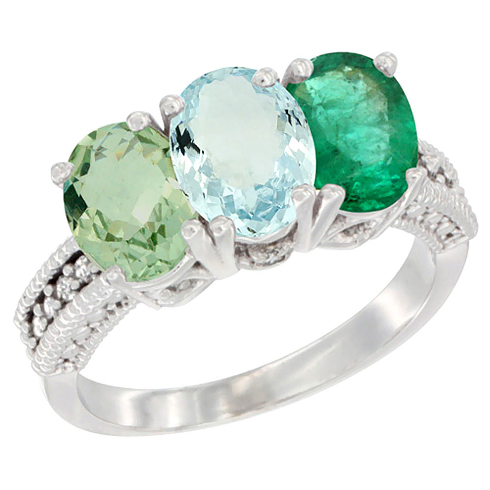 10K White Gold Natural Green Amethyst, Aquamarine &amp; Emerald Ring 3-Stone Oval 7x5 mm Diamond Accent, sizes 5 - 10