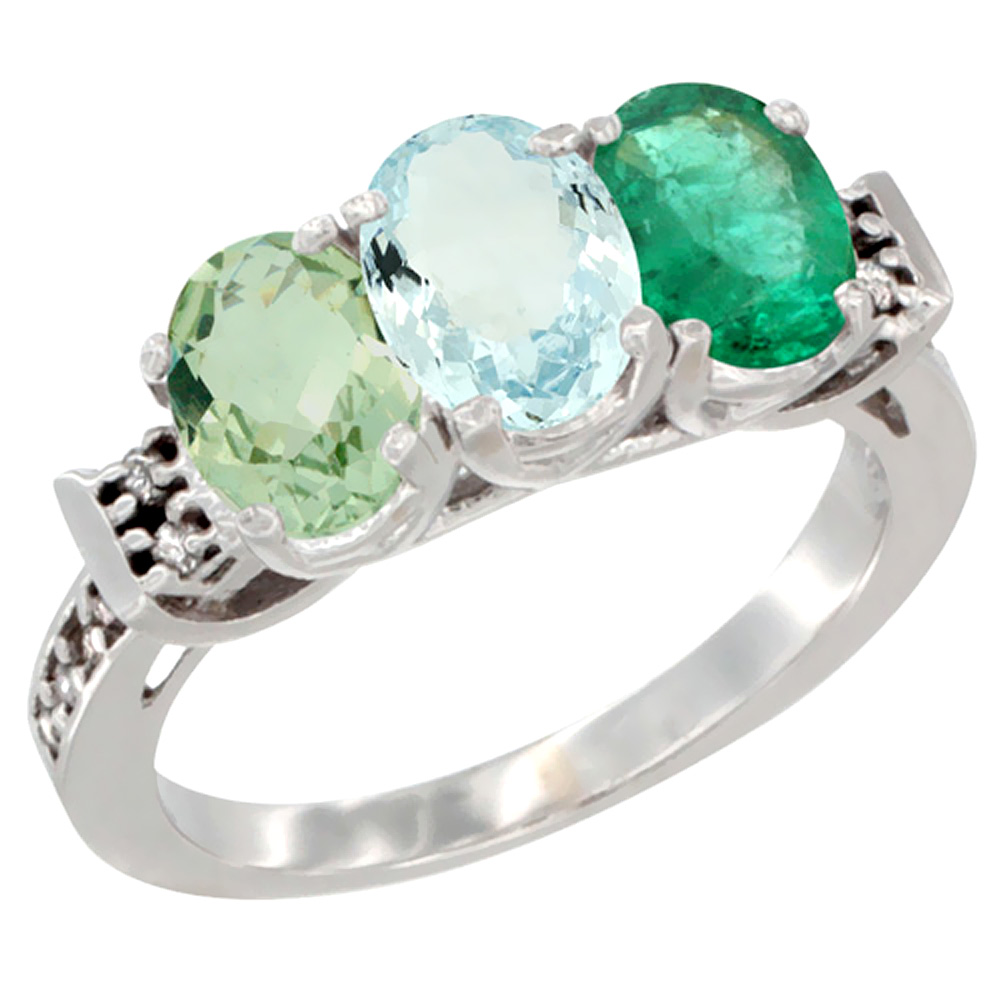 14K White Gold Natural Green Amethyst, Aquamarine &amp; Emerald Ring 3-Stone 7x5 mm Oval Diamond Accent, sizes 5 - 10