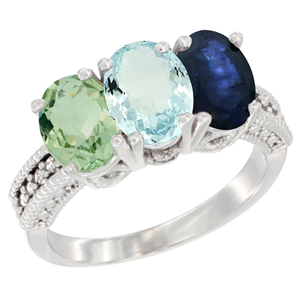 14K White Gold Natural Green Amethyst, Aquamarine &amp; Blue Sapphire Ring 3-Stone 7x5 mm Oval Diamond Accent, sizes 5 - 10