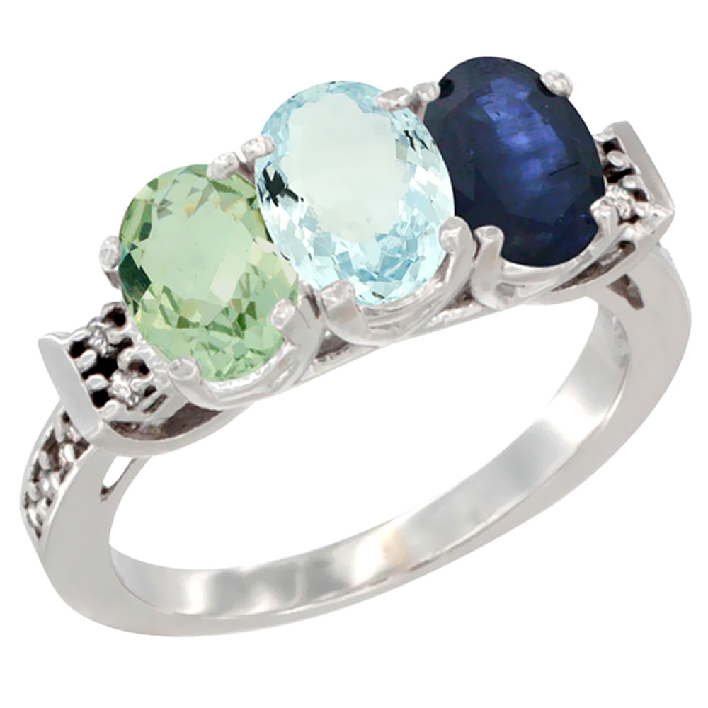 10K White Gold Natural Green Amethyst, Aquamarine &amp; Blue Sapphire Ring 3-Stone Oval 7x5 mm Diamond Accent, sizes 5 - 10