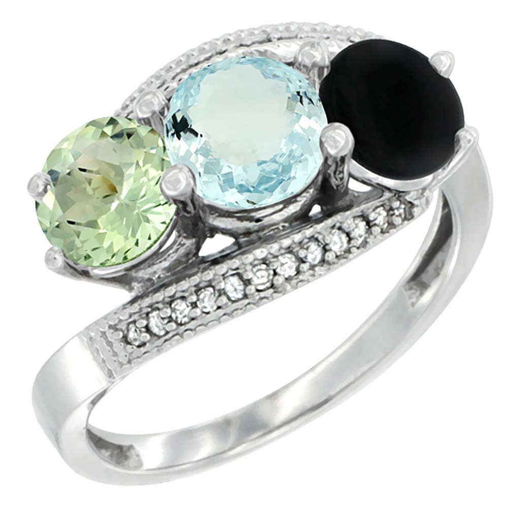 14K White Gold Natural Green Amethyst, Aquamarine &amp; Black Onyx 3 stone Ring Round 6mm Diamond Accent, sizes 5 - 10