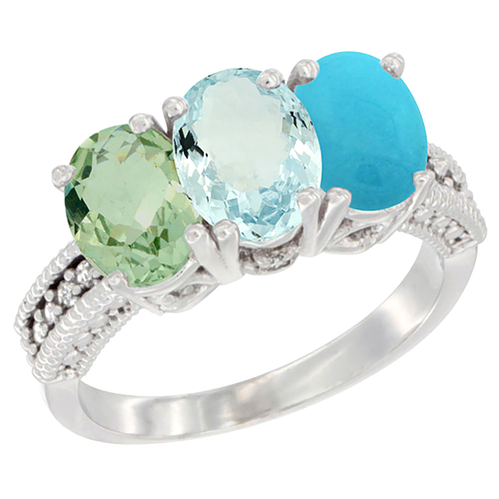10K White Gold Natural Green Amethyst, Aquamarine &amp; Turquoise Ring 3-Stone Oval 7x5 mm Diamond Accent, sizes 5 - 10